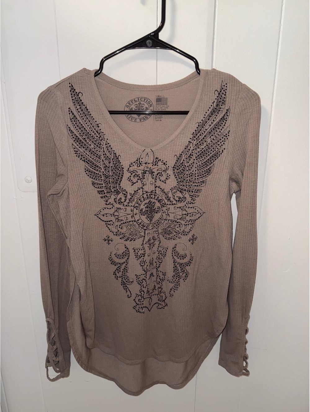 Affliction Women's Small Long Sleeve Shirt with Winged Cross Design